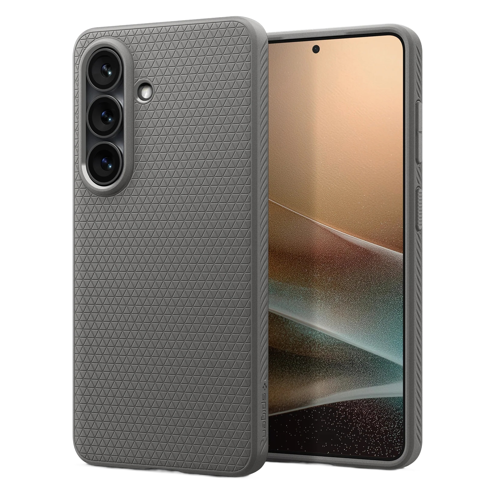 Grijze telefoonhoes met drievoudige camera en textuur. Telefoon staat op een kier.