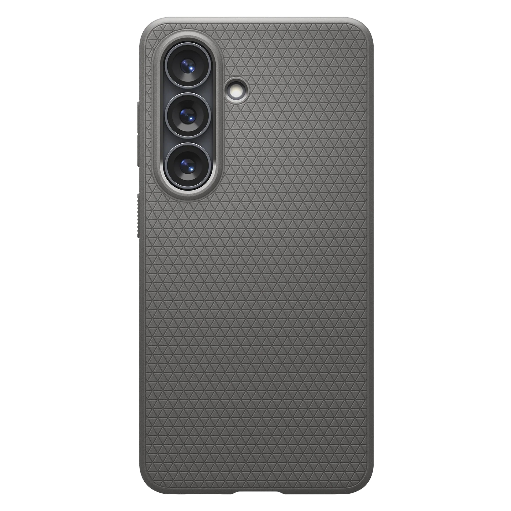Grijze telefoonhoes met drievoudige camera en driehoekspatroon.