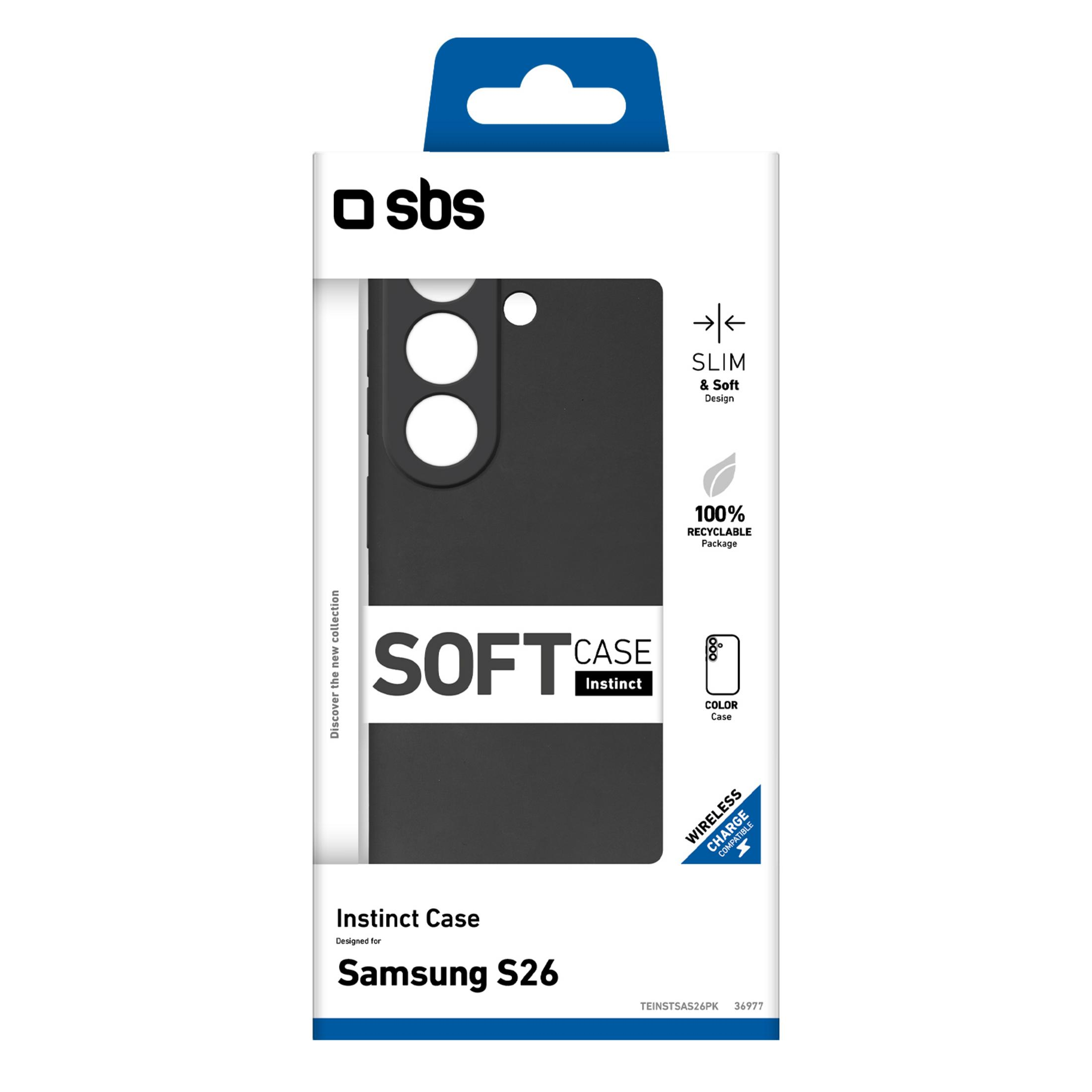 Verpackung für eine schwarze Samsung S26 Hülle mit SBS-Logo.