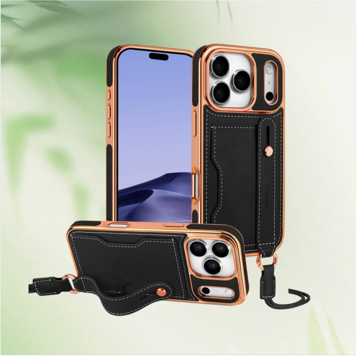 Schwarzes Leder-iPhone-Hülle mit Roségold-Rand und Kartenfach.
