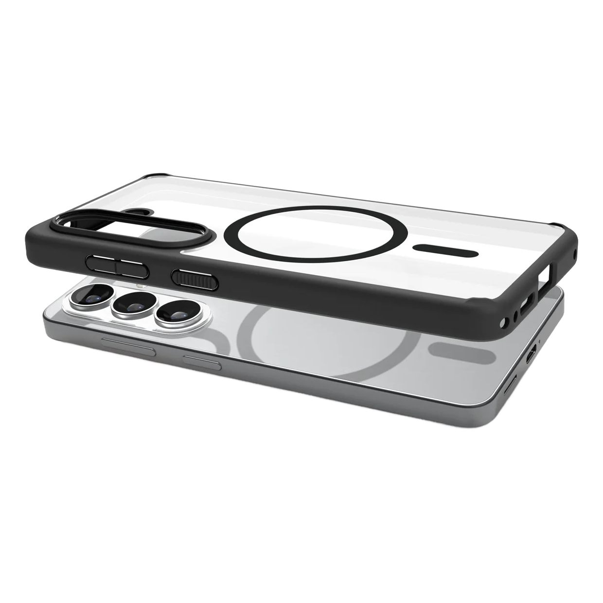 Doorzichtige telefoonhoes met zwarte rand, over een telefoon geplaatst.