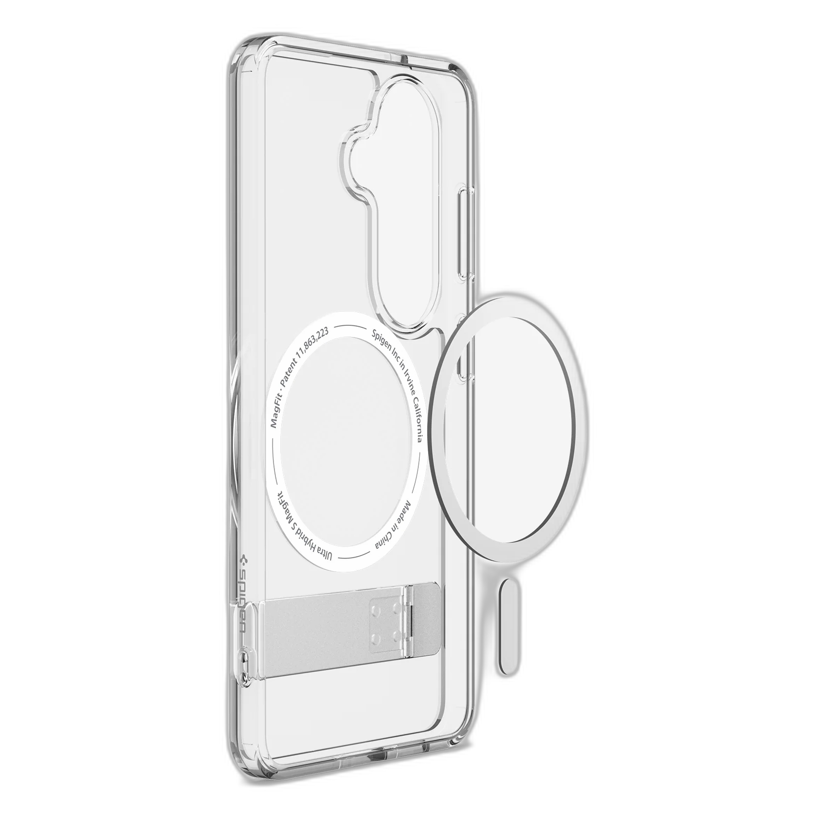 Coque de téléphone transparente avec MagFit, infos brevet et béquille.