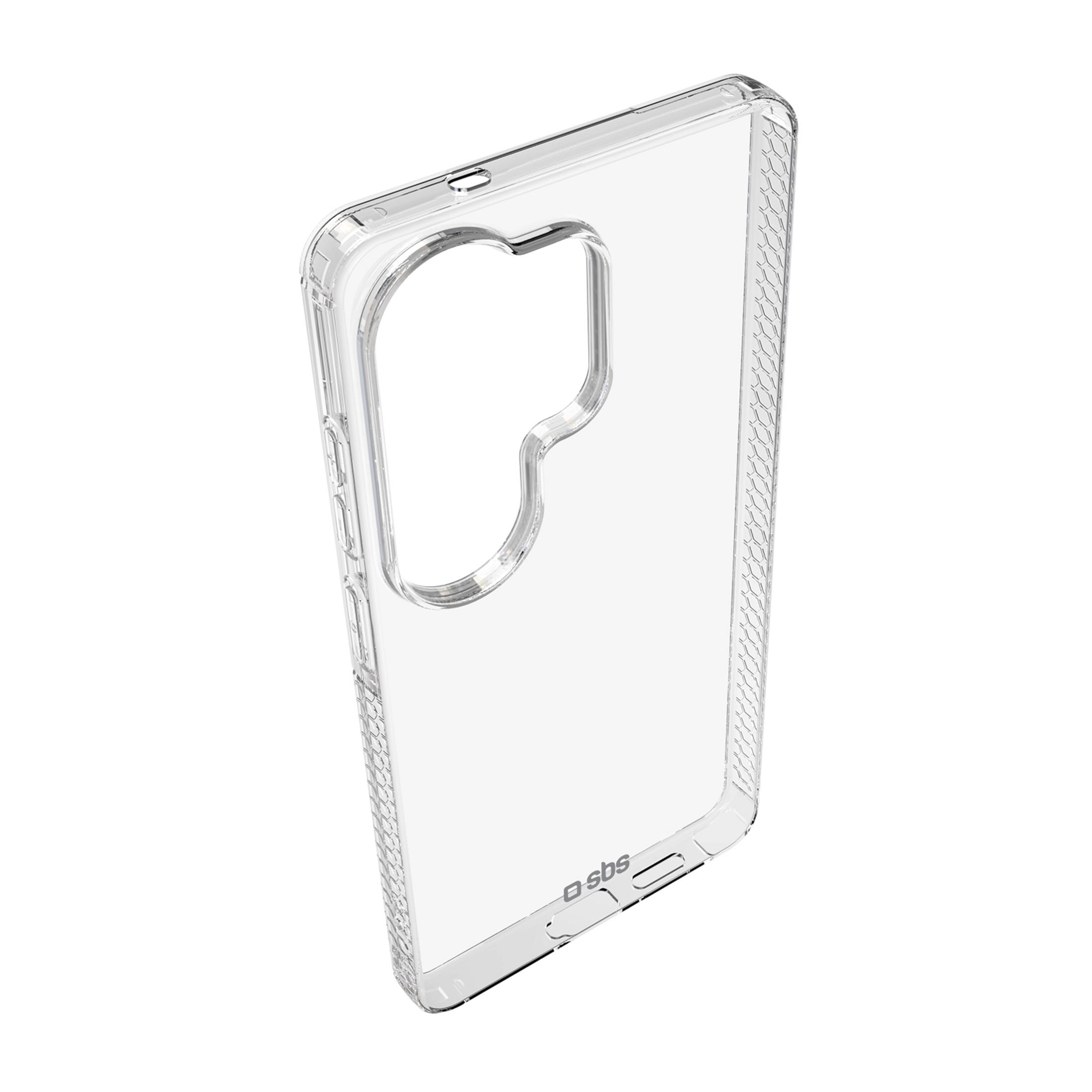 Transparente Handyhülle mit Wabenmuster an den Rändern und Aussparungen.