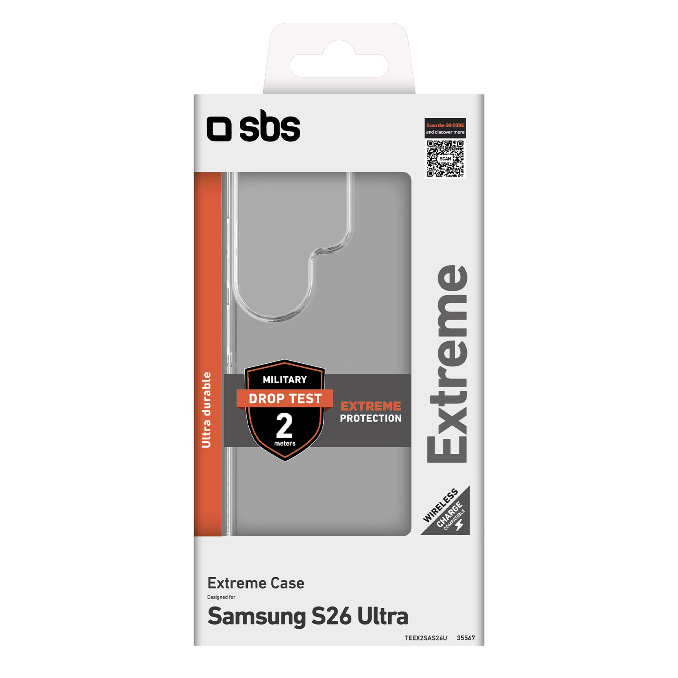 Verpackung für eine Samsung S26 Ultra Hülle von SBS mit "Extreme Protection" Aufdruck.