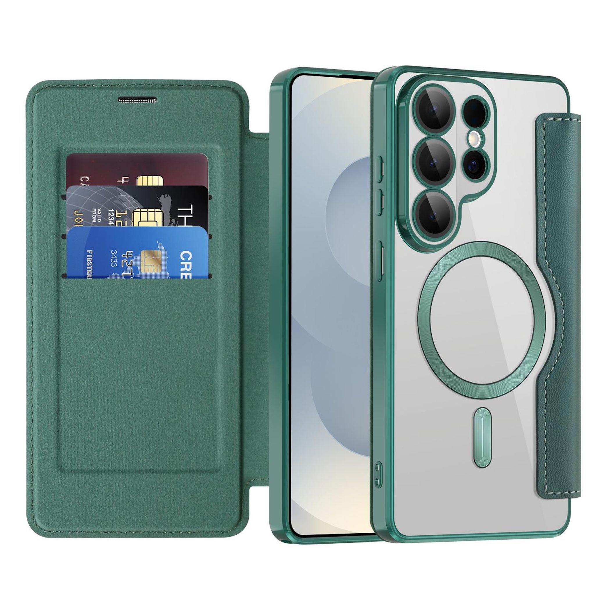 Funda verde para teléfono con ranuras para tarjetas y parte trasera transparente.