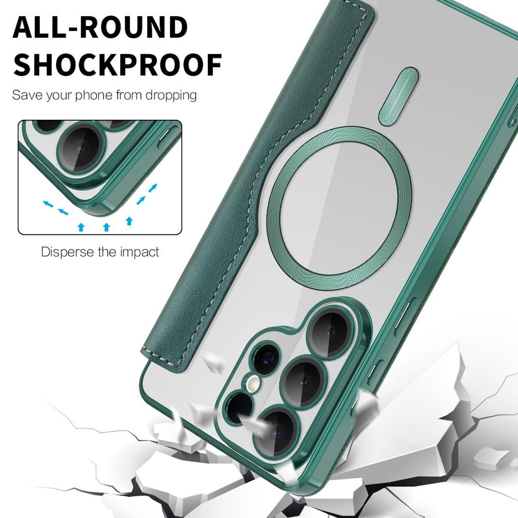 Funda de teléfono verde con anillo MagSafe y protección de cámara en suelo agrietado.