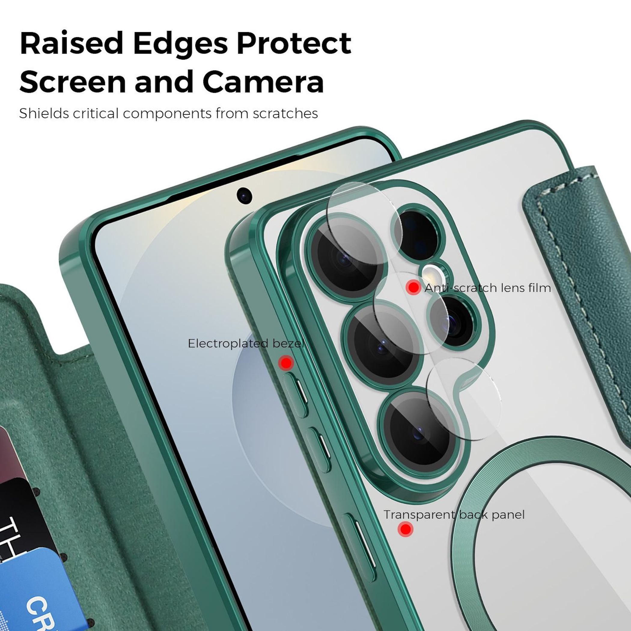 Funda verde para teléfono con parte trasera transparente, mostrando cámara.
