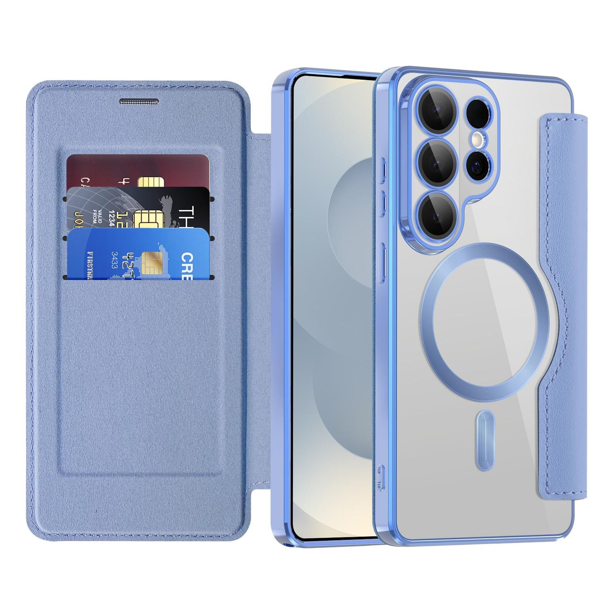 Ein hellblaues Handycover mit Kartenfächern und einem transparenten Rückteil mit Kamera.