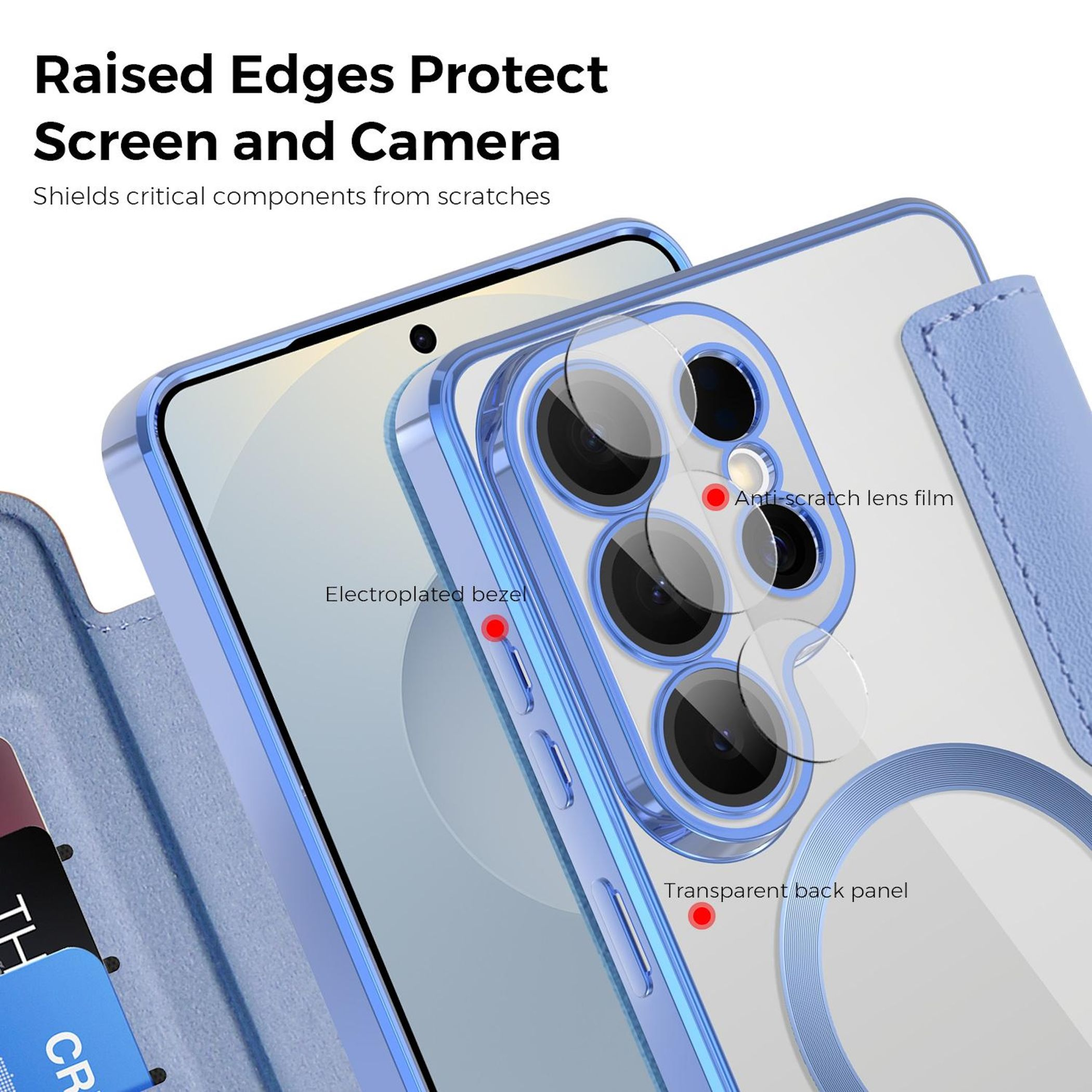 Ein blaues Handy mit transparentem Gehäuse, das Kamera und Bildschirm schützt.
