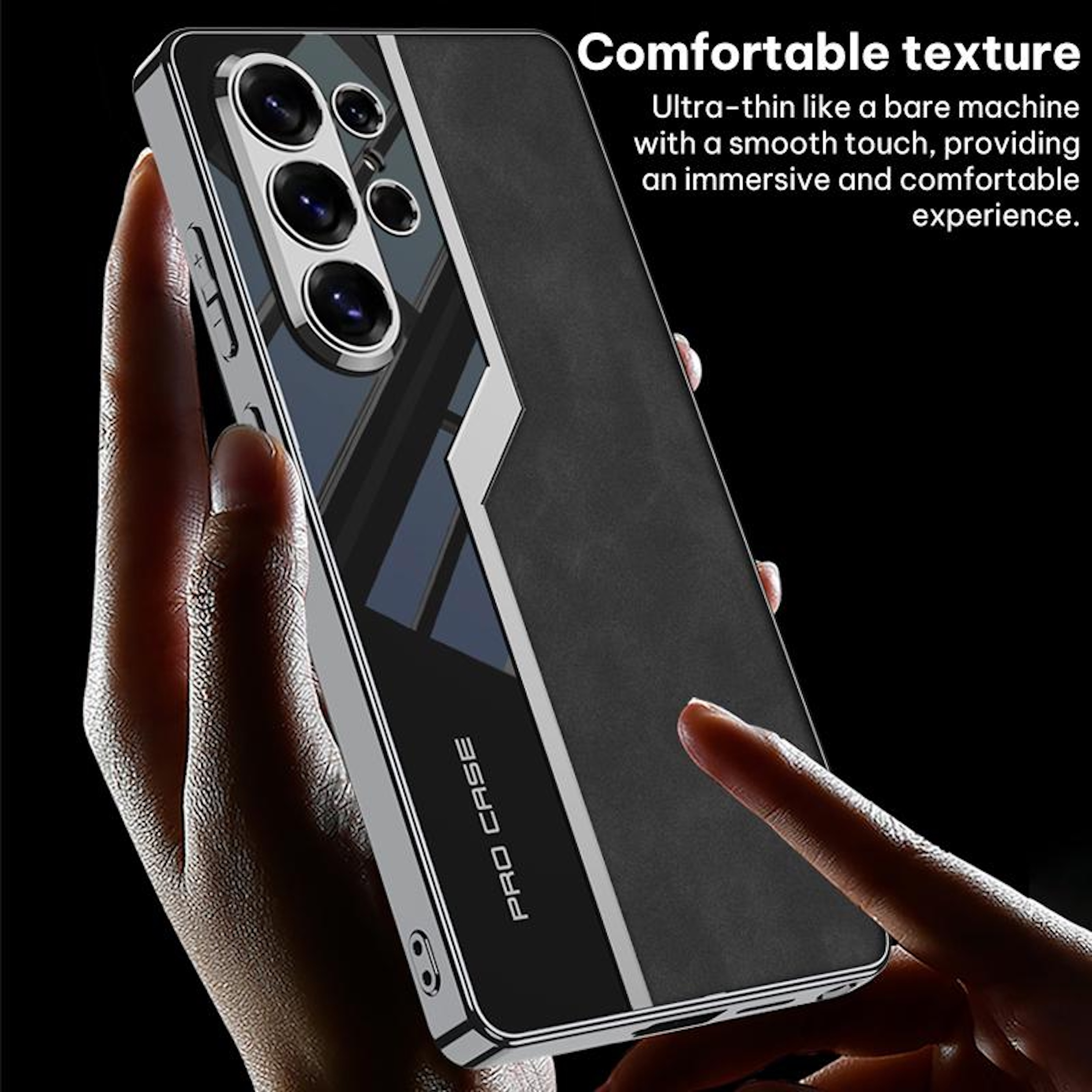 Una mano sostiene un smartphone con una funda negra y unidad de cámara.