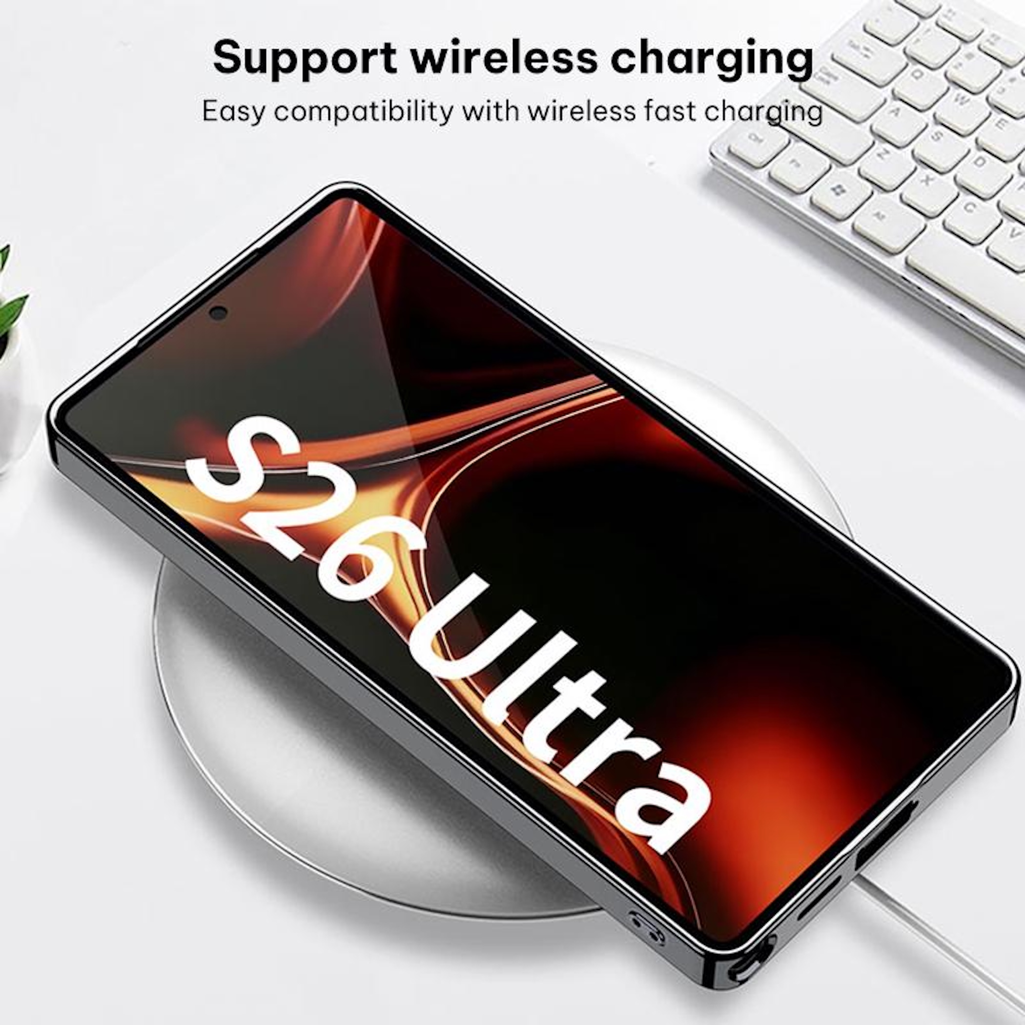 Un smartphone con la etiqueta "S26 Ultra" se carga inalámbricamente en una base de carga redonda.