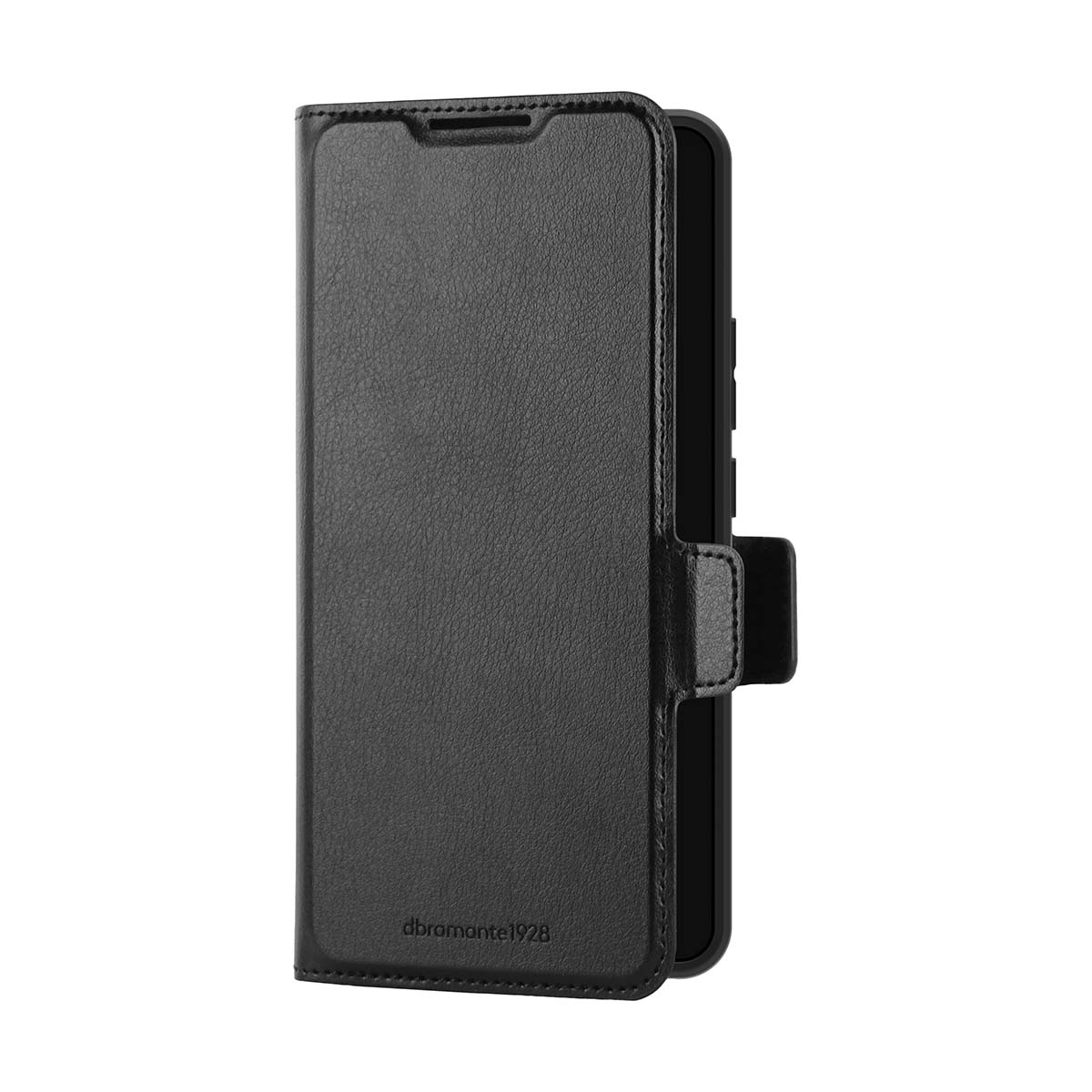 Custodia a portafoglio in pelle nera per smartphone chiusa.