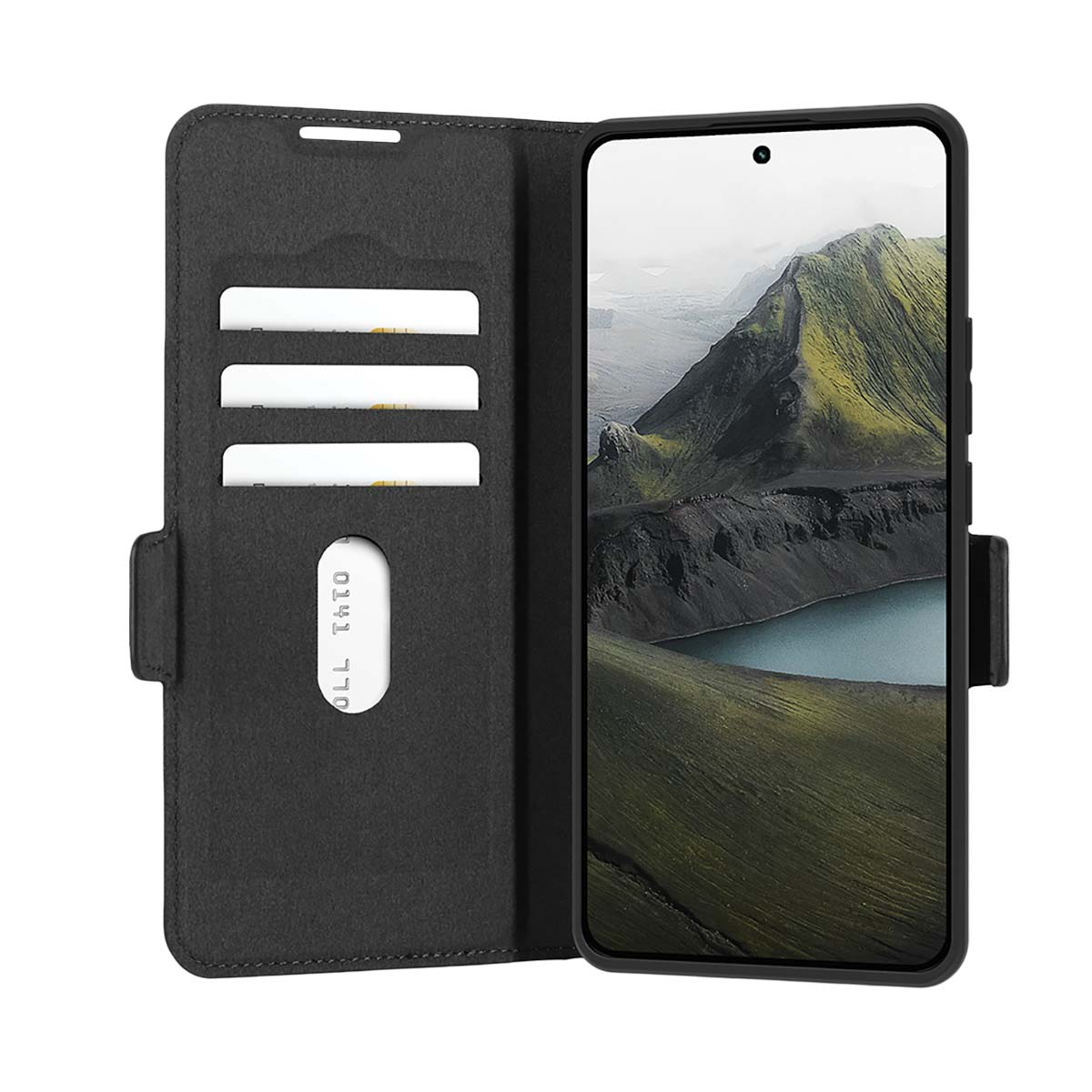 Custodia nera per telefono con slot per carte e schermo paesaggio.