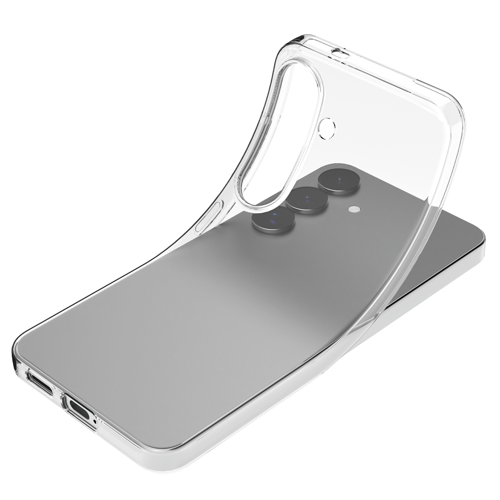 Ein klares Handyhülle über einem silbernen Smartphone mit drei Kameras.