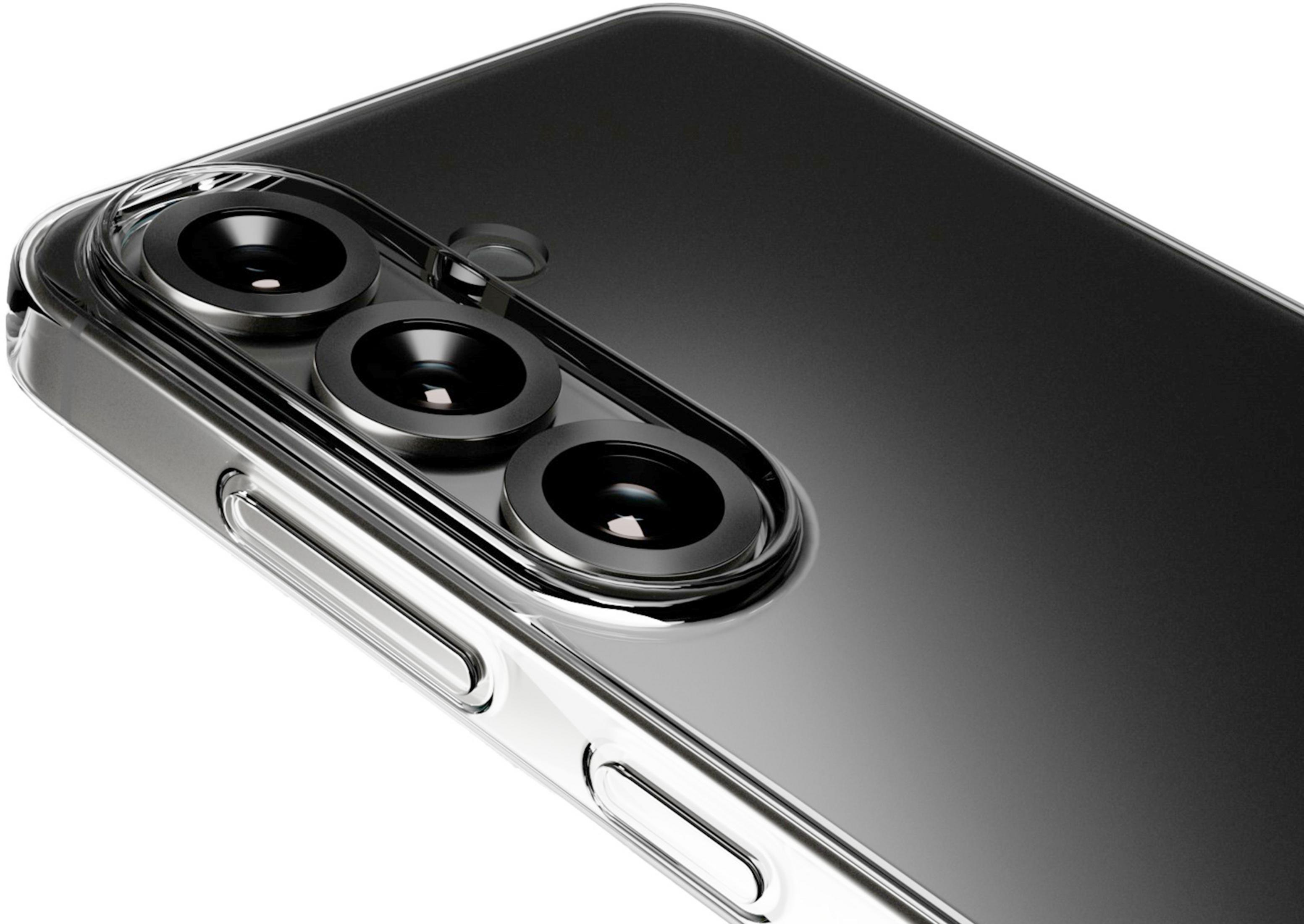 Nahaufnahme einer Smartphone-Kamera mit drei Objektiven in einem transparenten Gehäuse.