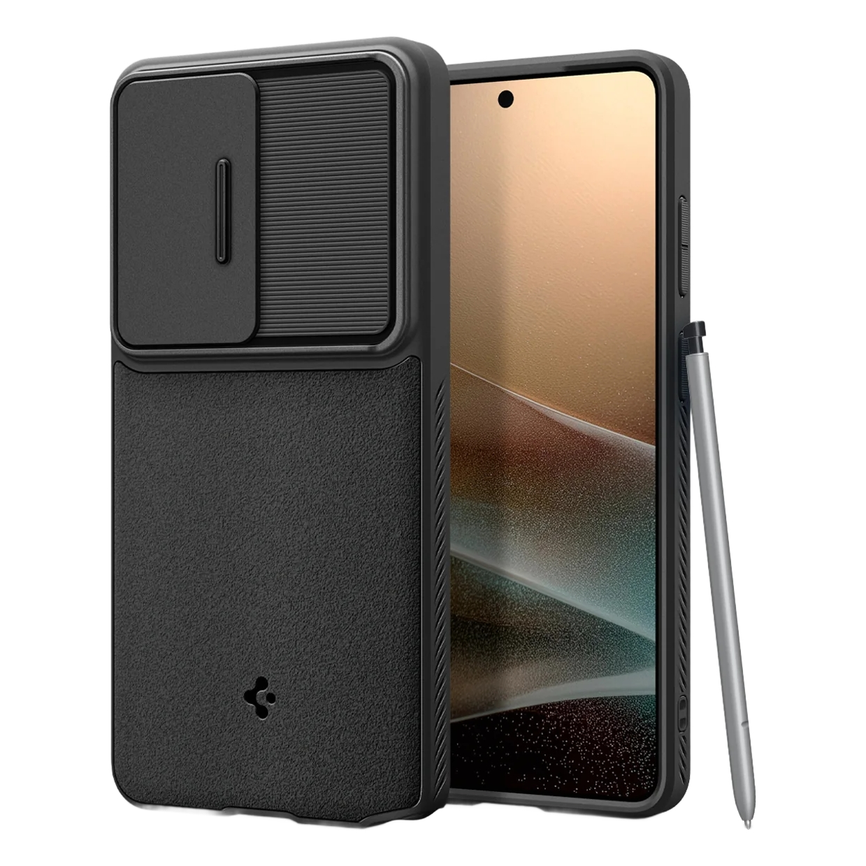 Zwarte telefoon met stylus en hoesje, witte achtergrond