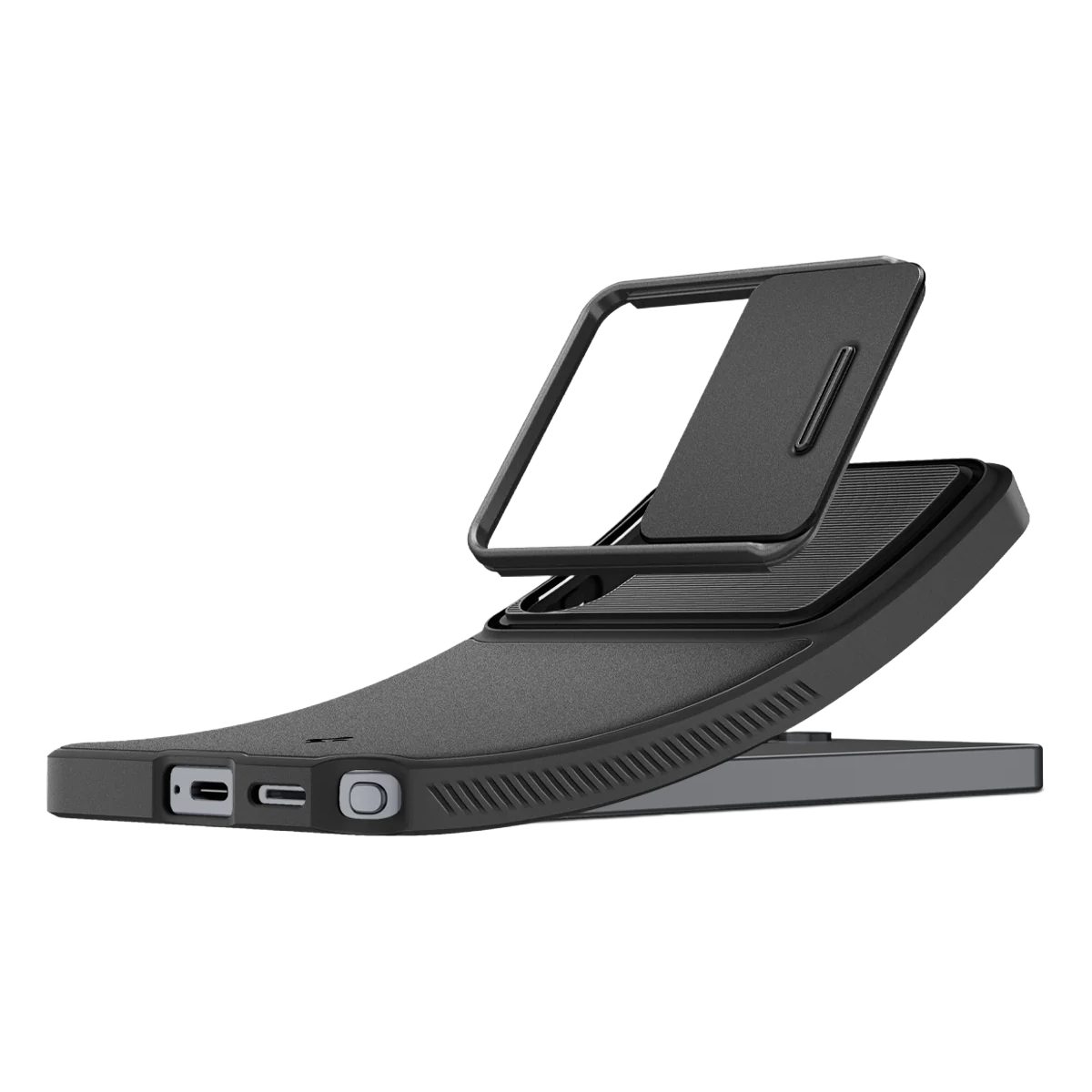 Zwarte telefoonhoes met opvouwbare standaard en schuifdeksel.