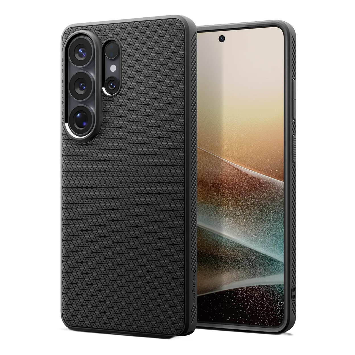 Zwarte telefoonhoes met textuur naast een smartphone met kleurrijke achtergrond. Een drievoudige camera-array is zichtbaar.
