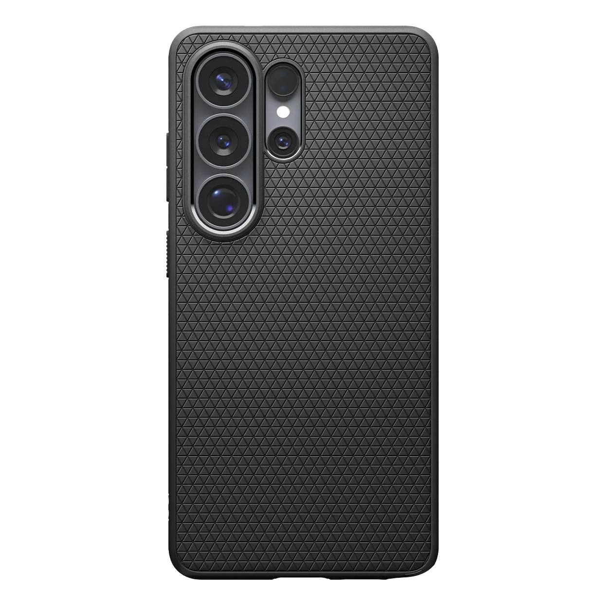 Zwarte telefoonhoes met drievoudige camera en ruitpatroon.