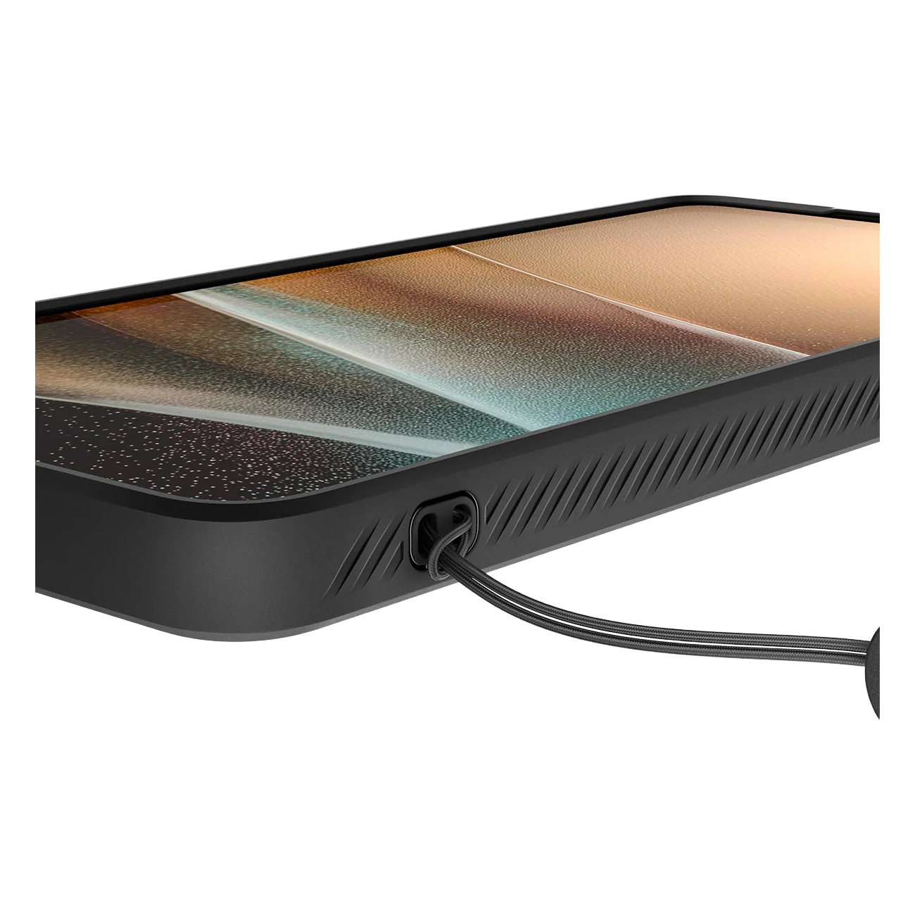 Zwarte telefoonhoes met koord en abstract achtergrondpatroon.