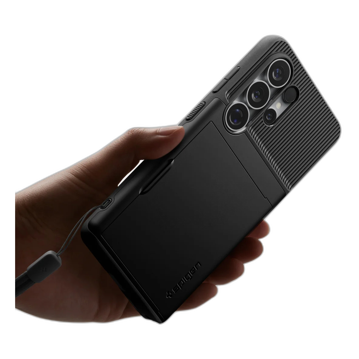 A hand holds a black phone case with cameras and a ribbed design.