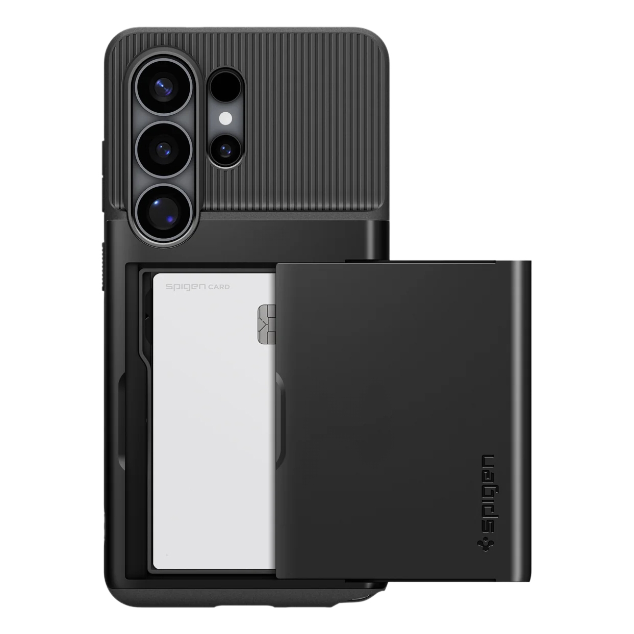 Black phone case with textured back, camera array, and sliding card holder with white card.
