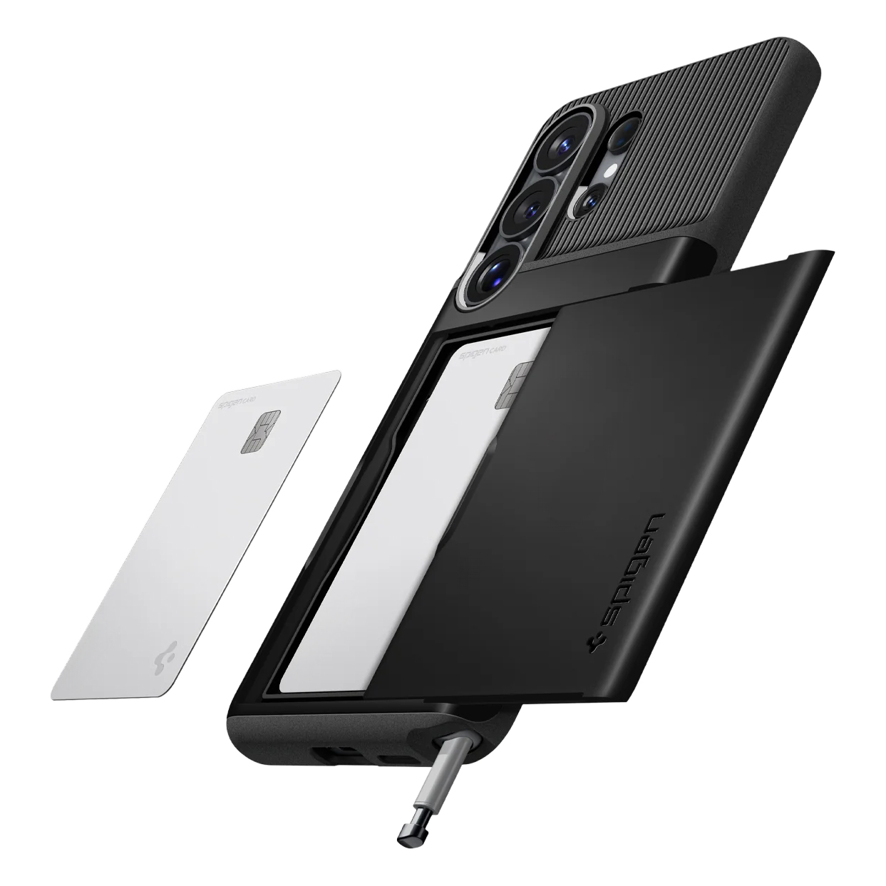 Black phone case with card and pen holder, white card beside it.