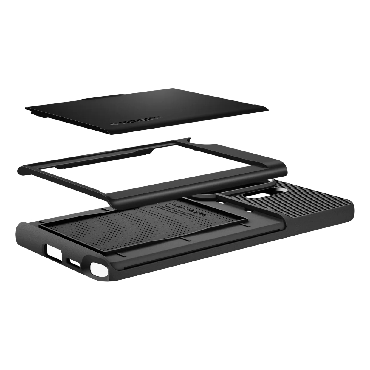 A black phone case is shown disassembled into three layers: a back cover, a middle frame, and a front frame.