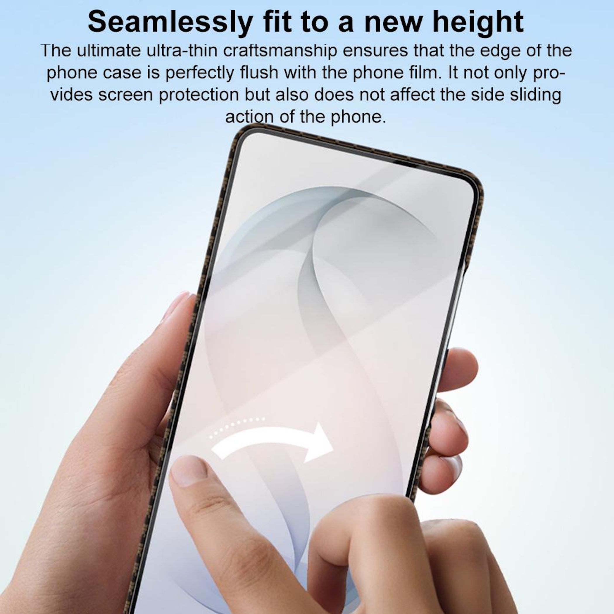 Una mano sostiene un smartphone con funda. Un dedo toca la pantalla.