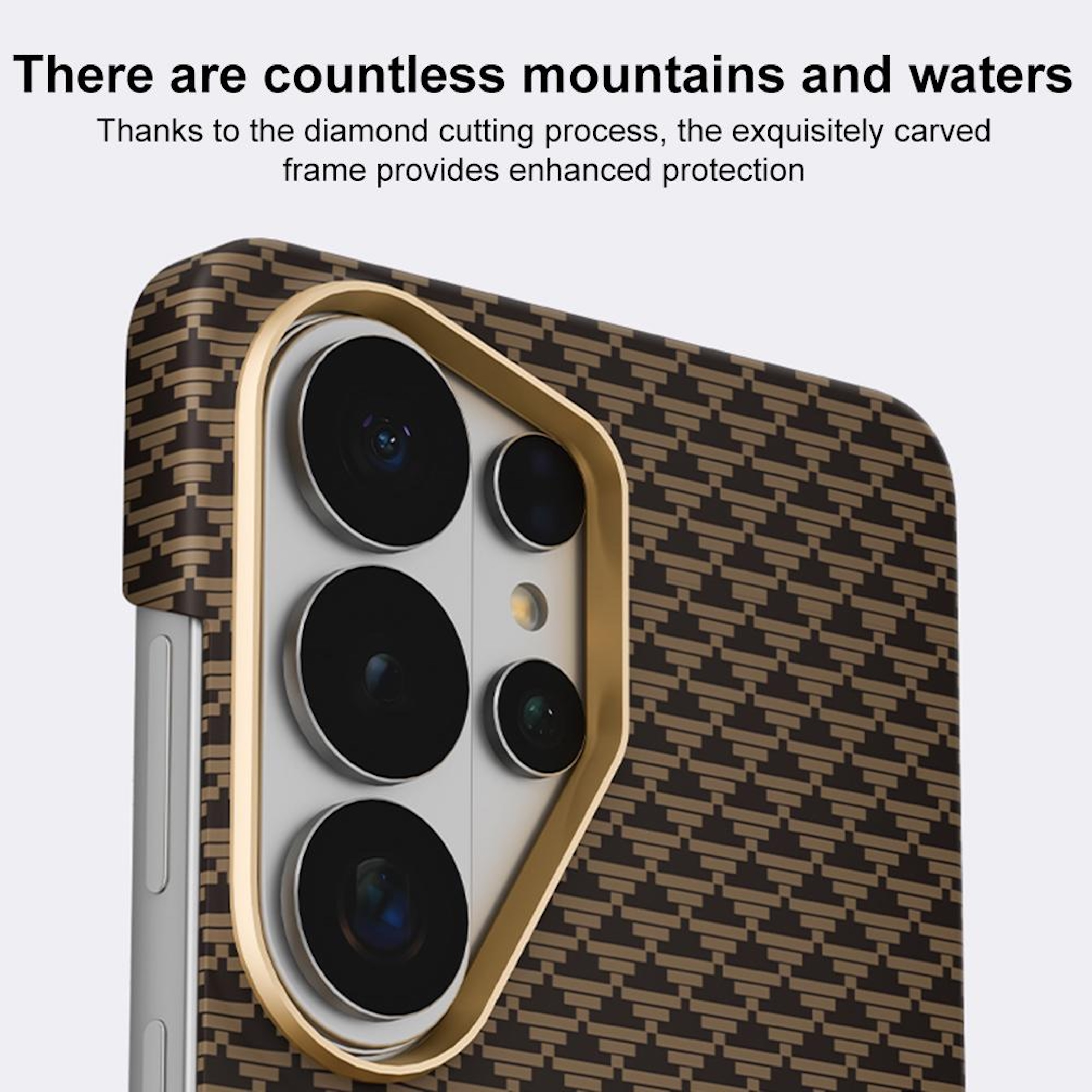 Parte trasera de un smartphone con patrón marrón y lentes de cámara.