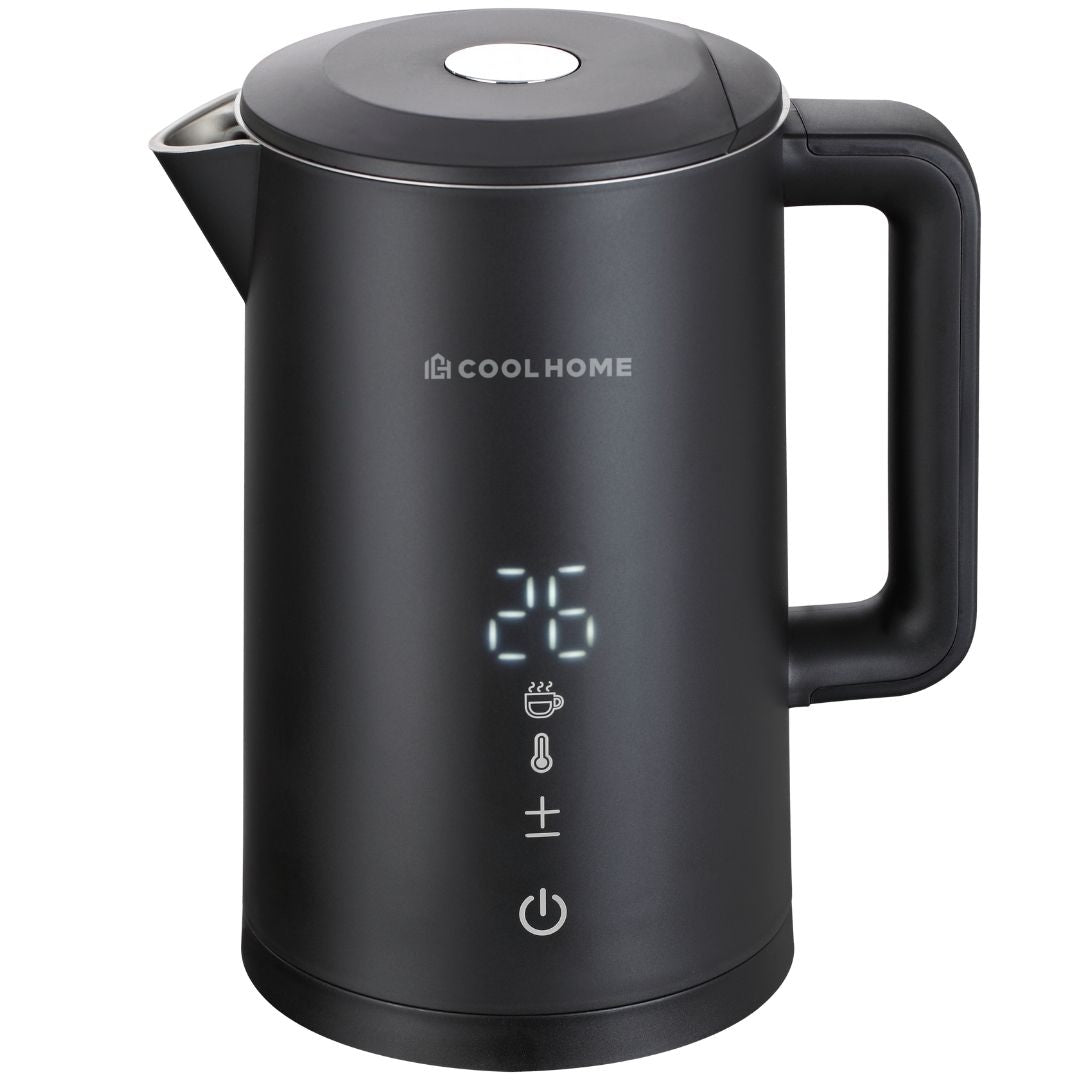 Zwarte COOL HOME waterkoker met digitaal temperatuurdisplay.
