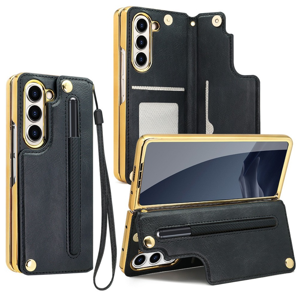 Custodia in pelle nera con finiture dorate, slot per carte e portapenne.