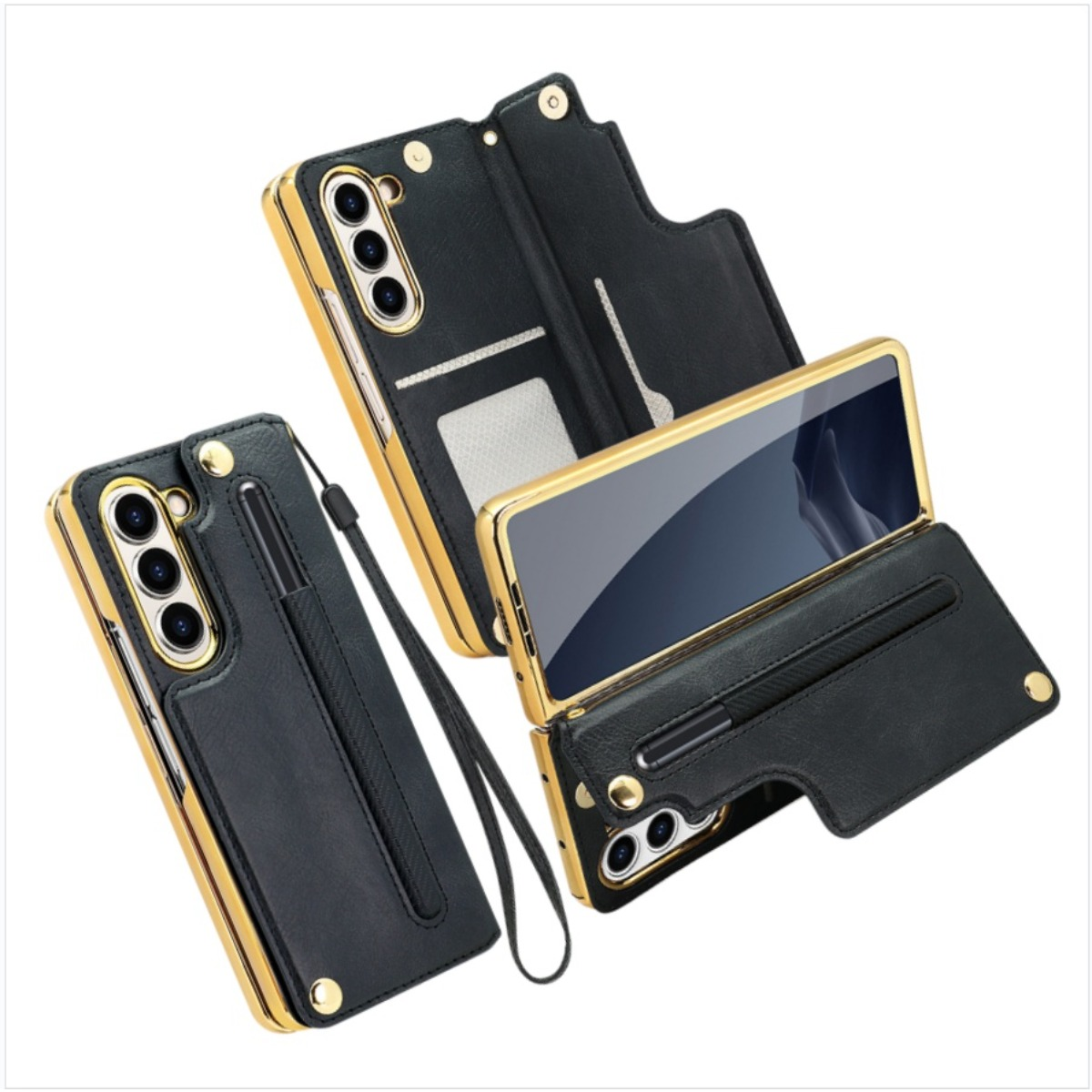 Custodia per telefono in pelle nera con finiture dorate e portapenne.