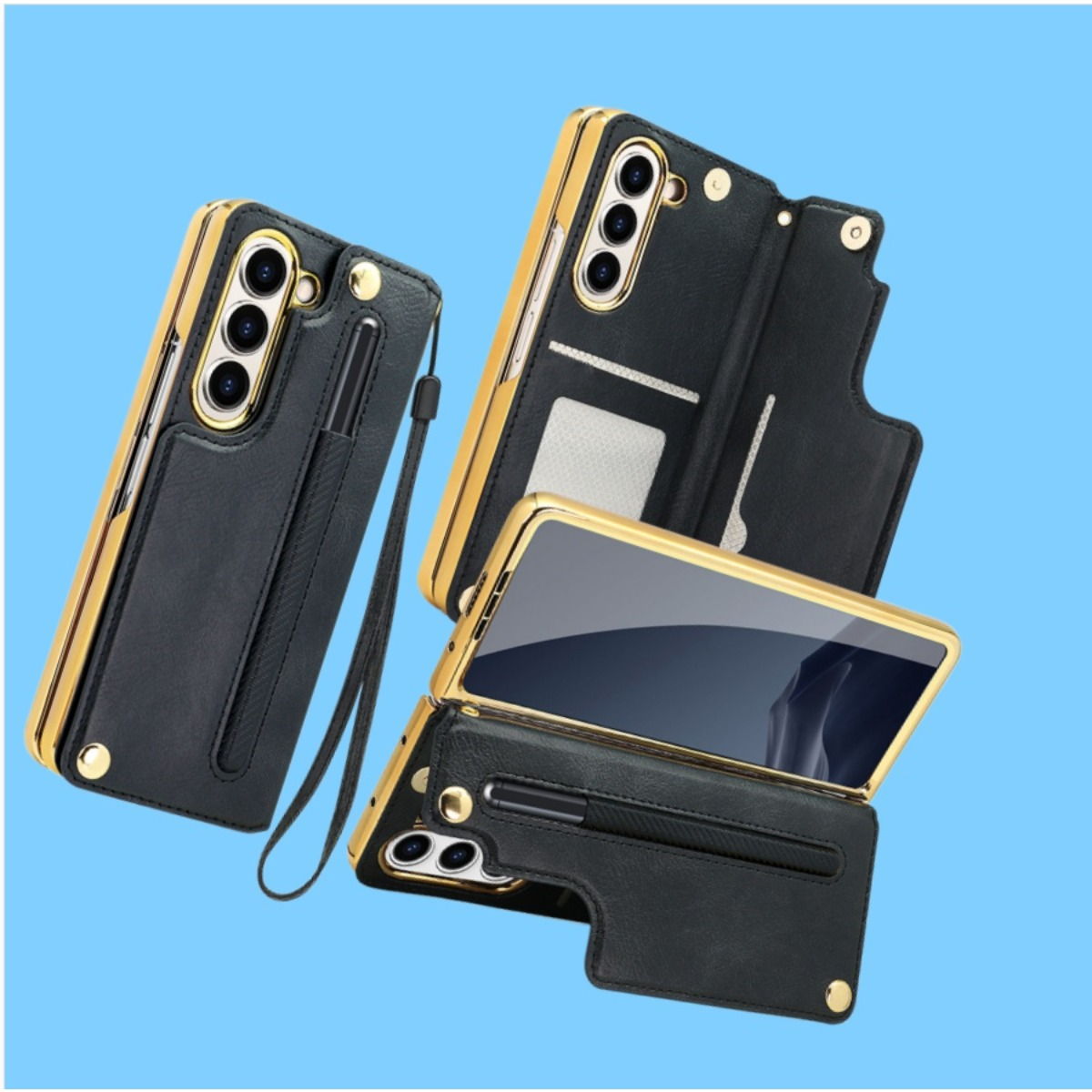 Custodia nera per telefono con bordo dorato, portapenne e fessure.