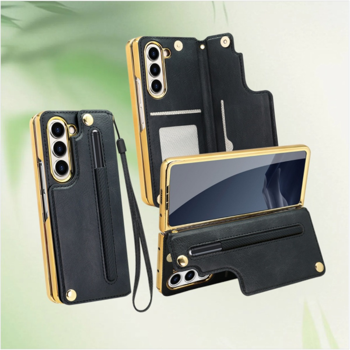 Custodia in pelle nera con accenti dorati, per telefono con portapenne.
