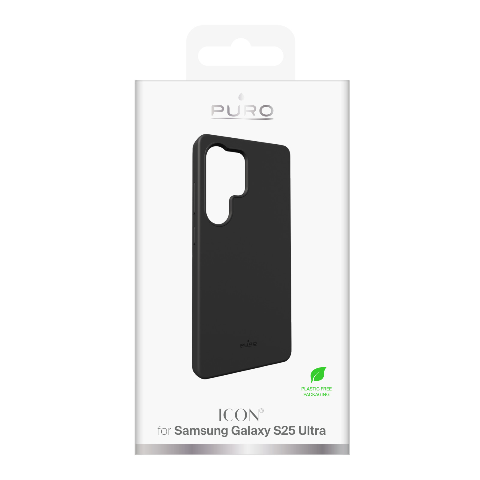 Cover nera per Samsung Galaxy S25 Ultra su confezione Puro.