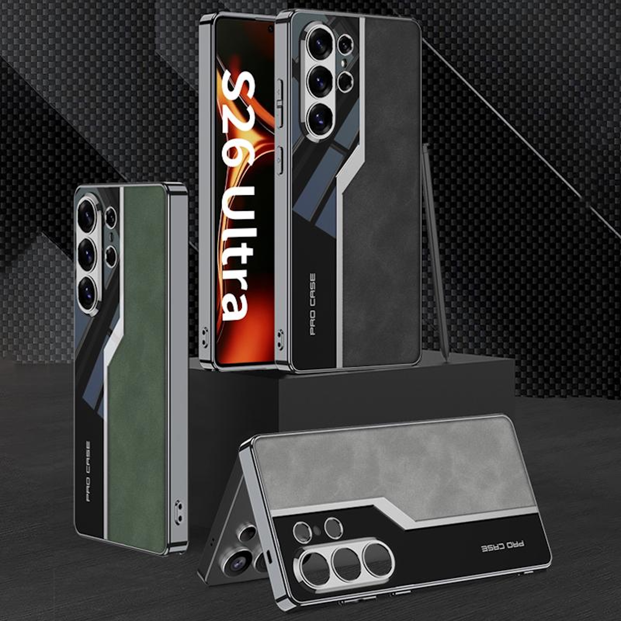 Tres fundas de teléfono con recortes de cámara en un fondo negro.