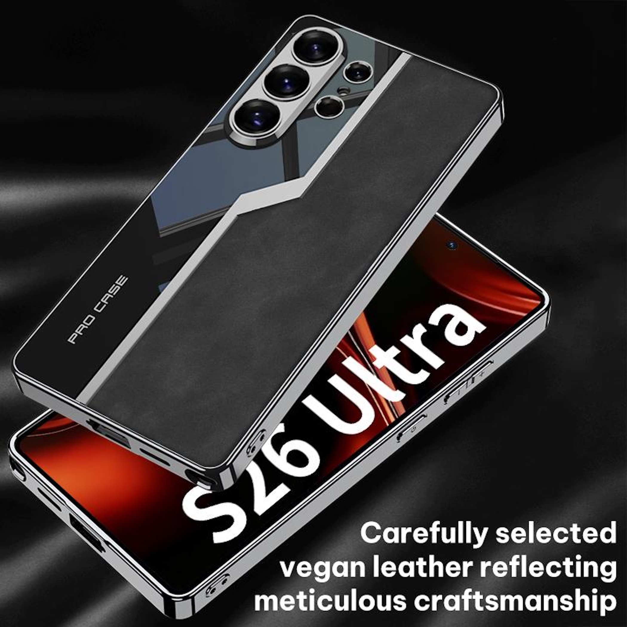 Una funda de teléfono negra con tres cámaras y un marco plateado.