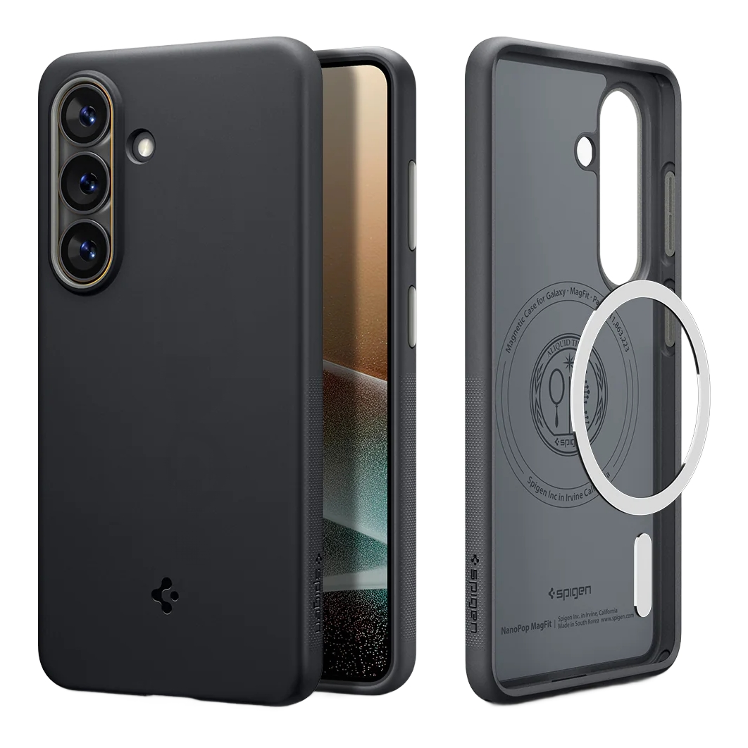 Zwarte telefoonhoes met camera-uitsparing en magnetische ring aan achterkant.
