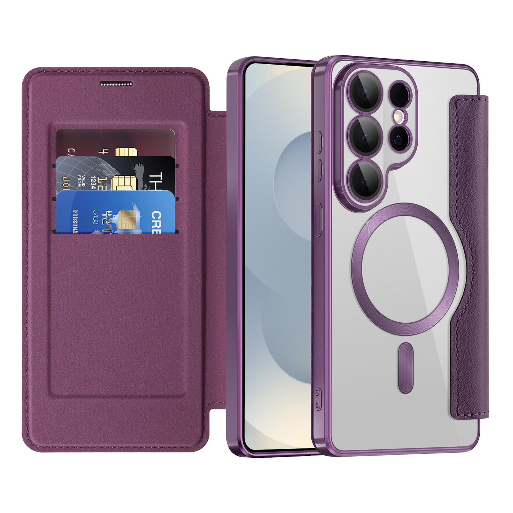 Lila Handyhülle mit Kartenfächern und einer transparenten Rückseite mit Magnetring.