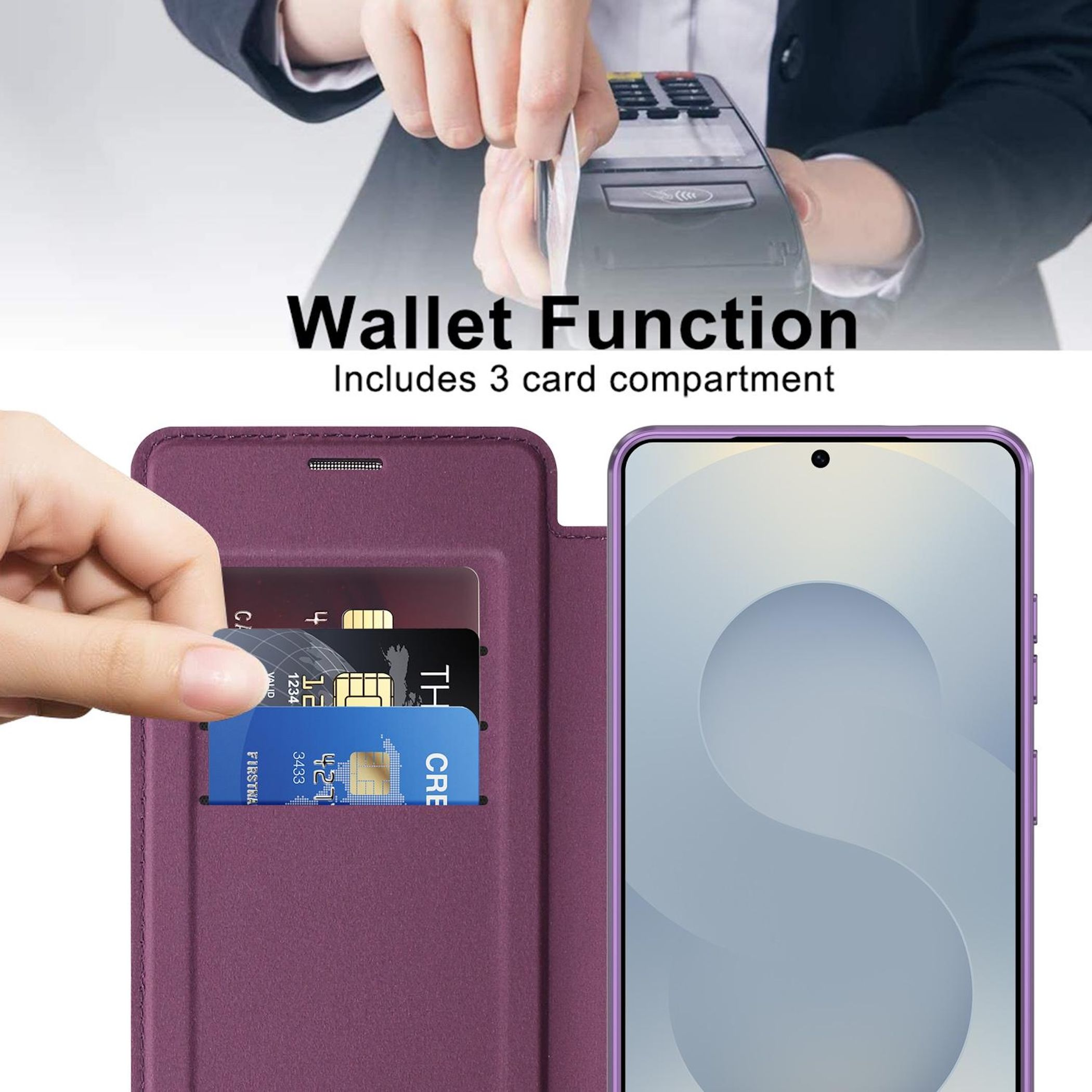 Eine Hand steckt eine Kreditkarte in eine violette Handyhülle mit Kartenfächern.
