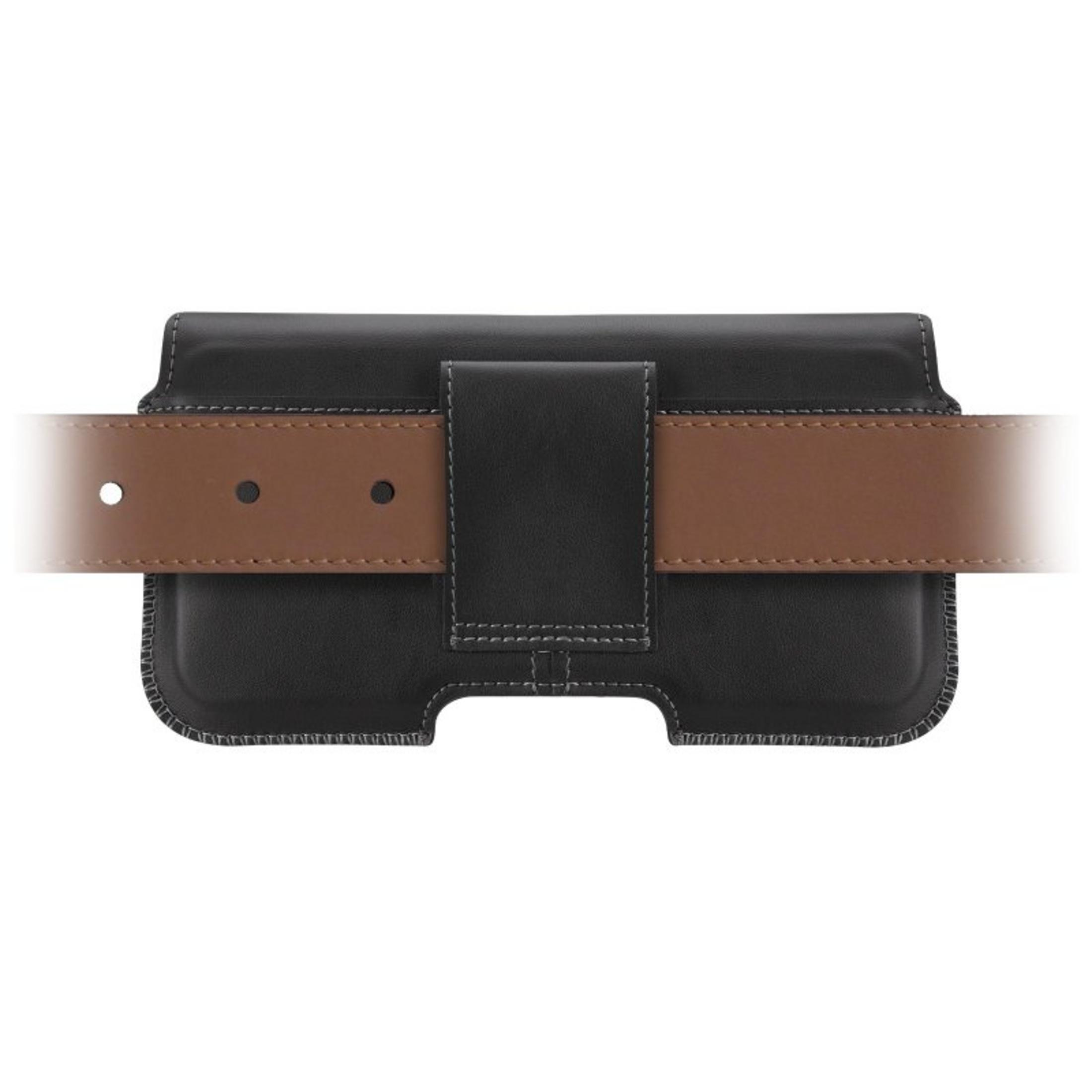 Funda de teléfono de cuero negro con cinturón marrón.