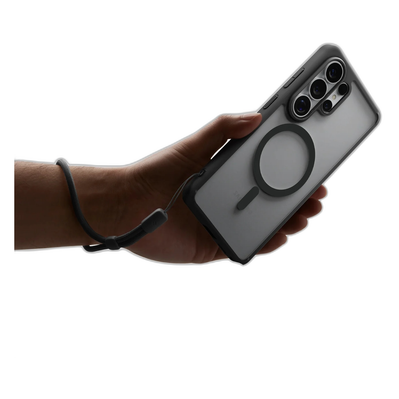 Hand houdt smartphone met doorzichtige hoes en magneetring vast.