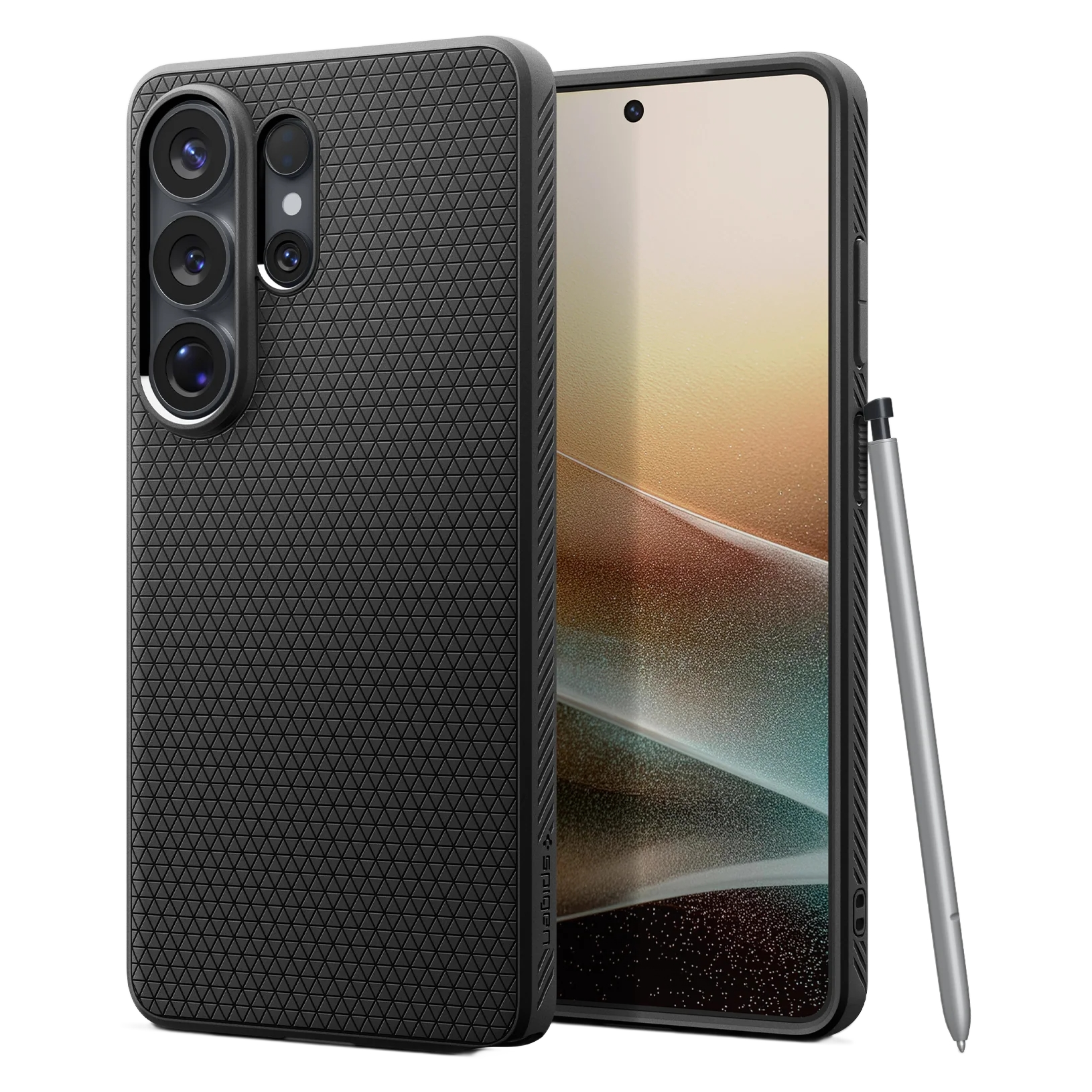 Coque de téléphone noire à motif triangulaire, à côté d'un smartphone avec stylet.