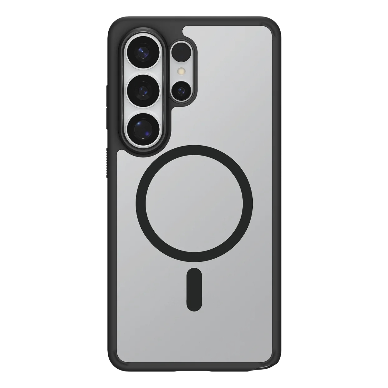 Transparante telefoonhoes met zwart frame, cameralenzen en magneetring.