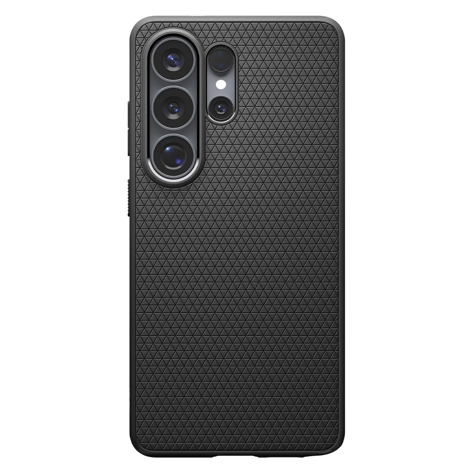 Coque de téléphone noire avec triple appareil photo et motif texturé.