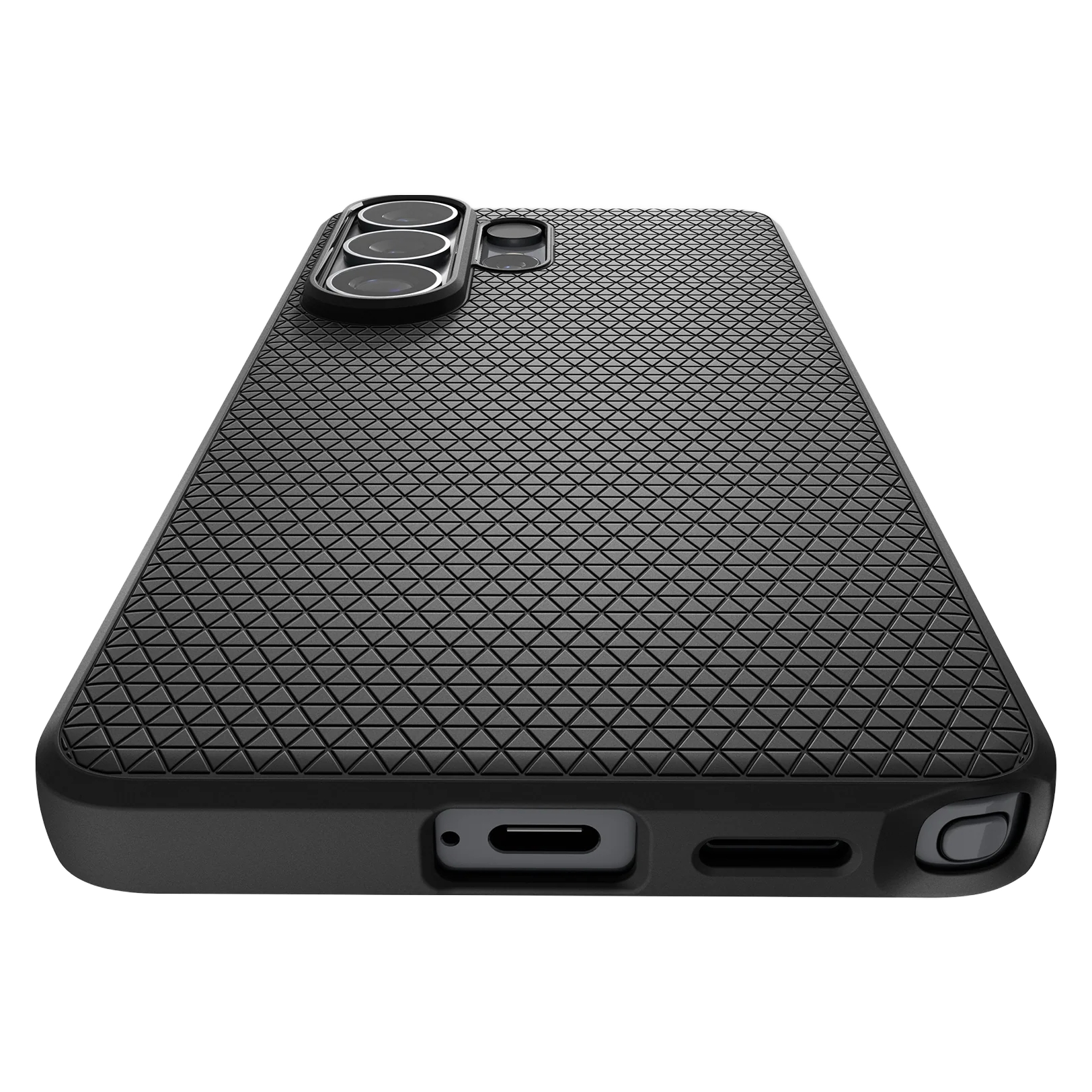 Coque de téléphone noire avec triple objectif et motif triangulaire.