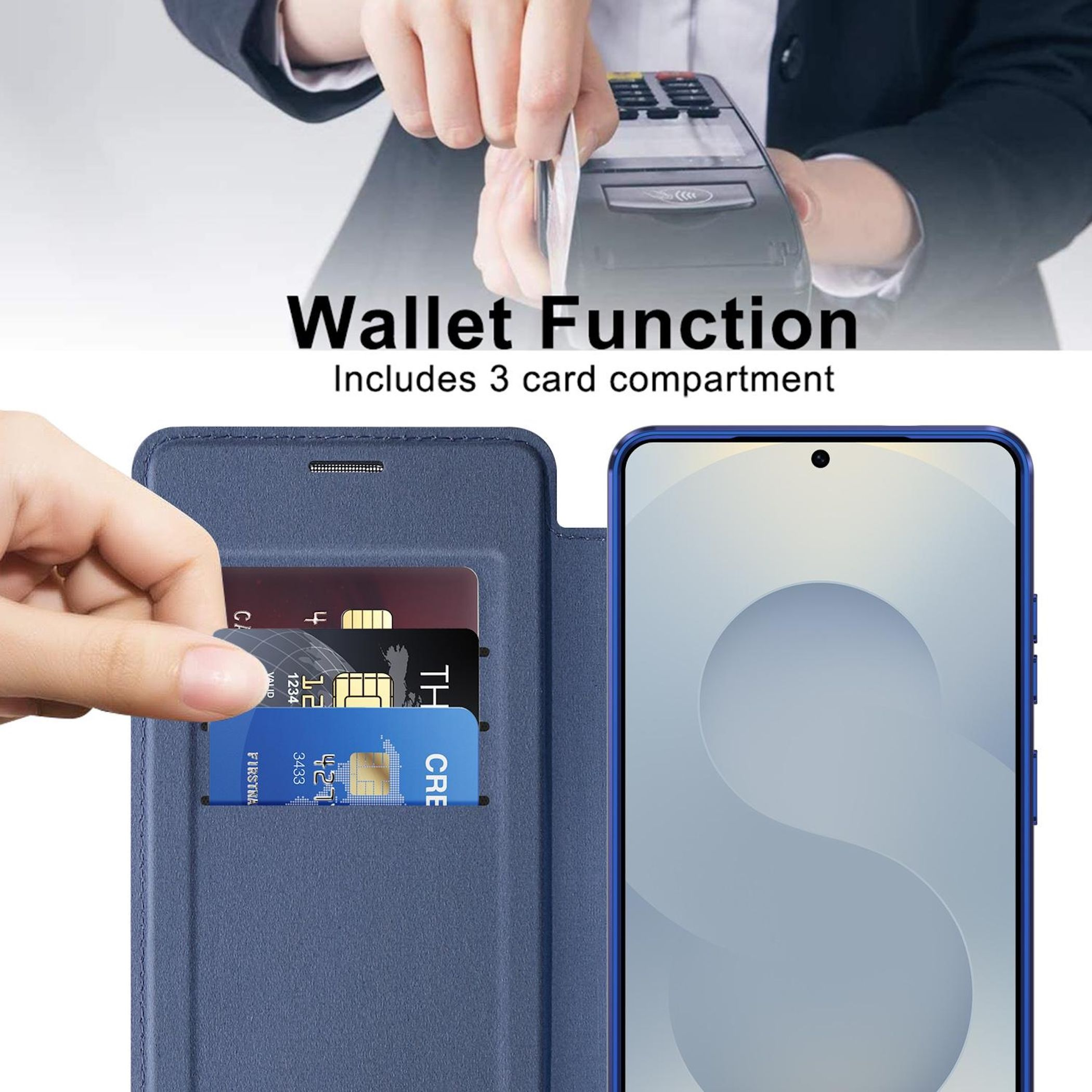 Eine Hand steckt eine Karte in ein blaues Kartenetui neben einem Smartphone.