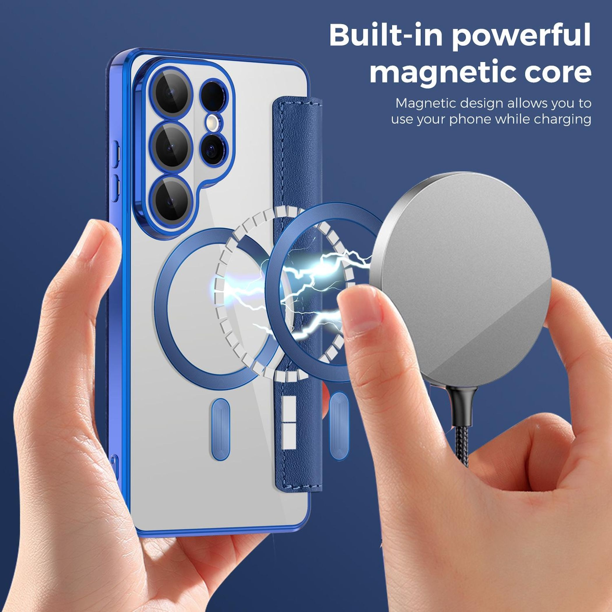 Ein Handy mit blauer Hülle wird magnetisch geladen.