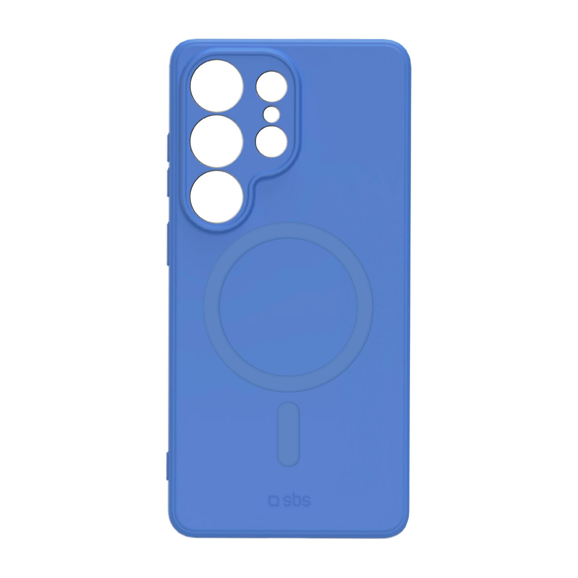 Blaue Handyhülle mit Kreismuster und Kameraaussparungen.